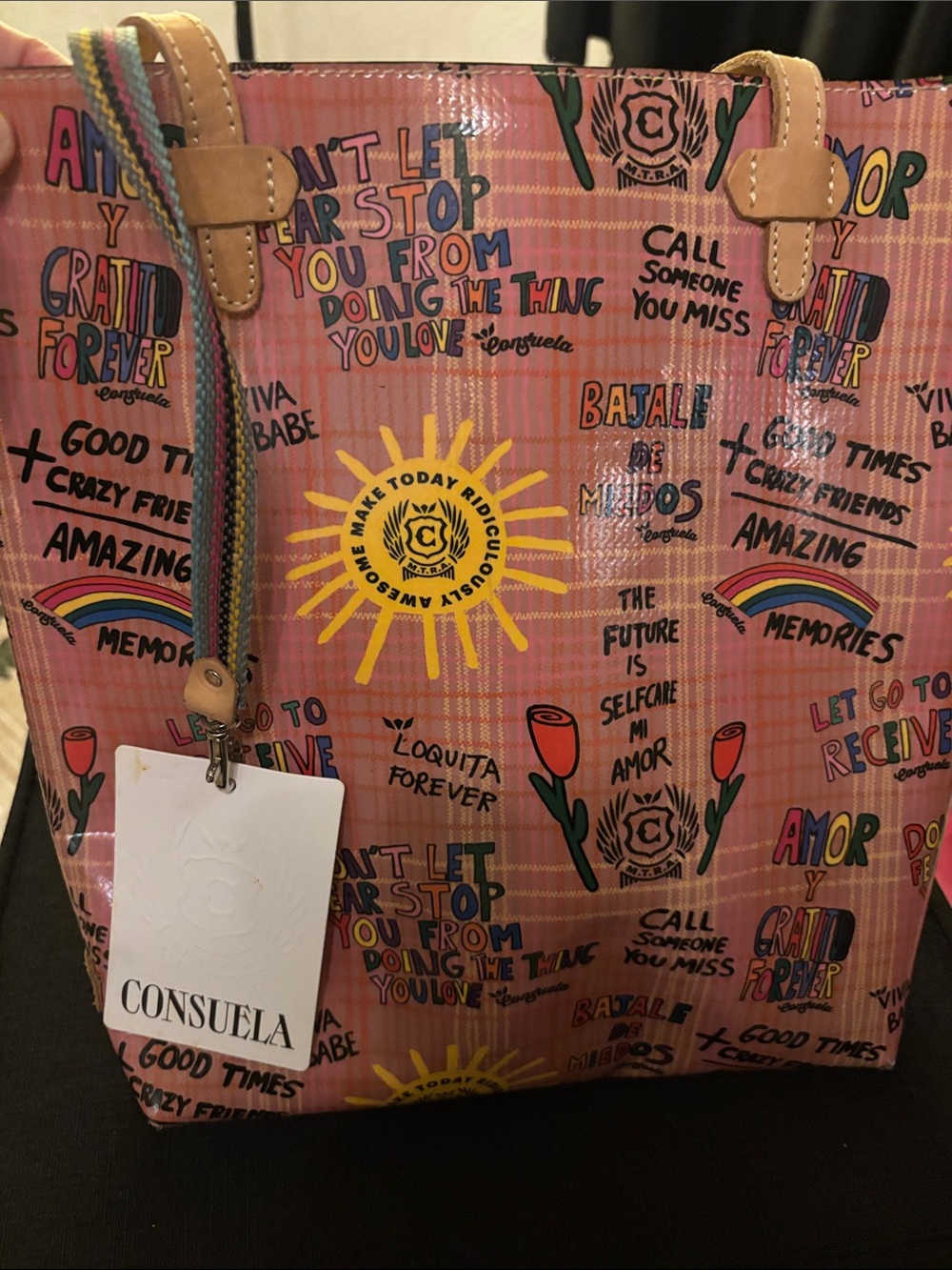 Consuela Pink Graphic Tote with Yellow Sunburst Accents